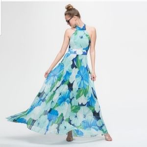 Eliza J Floral Maxi Dress 8 Halter Neck Pleated Skirt NEW Blue and Green